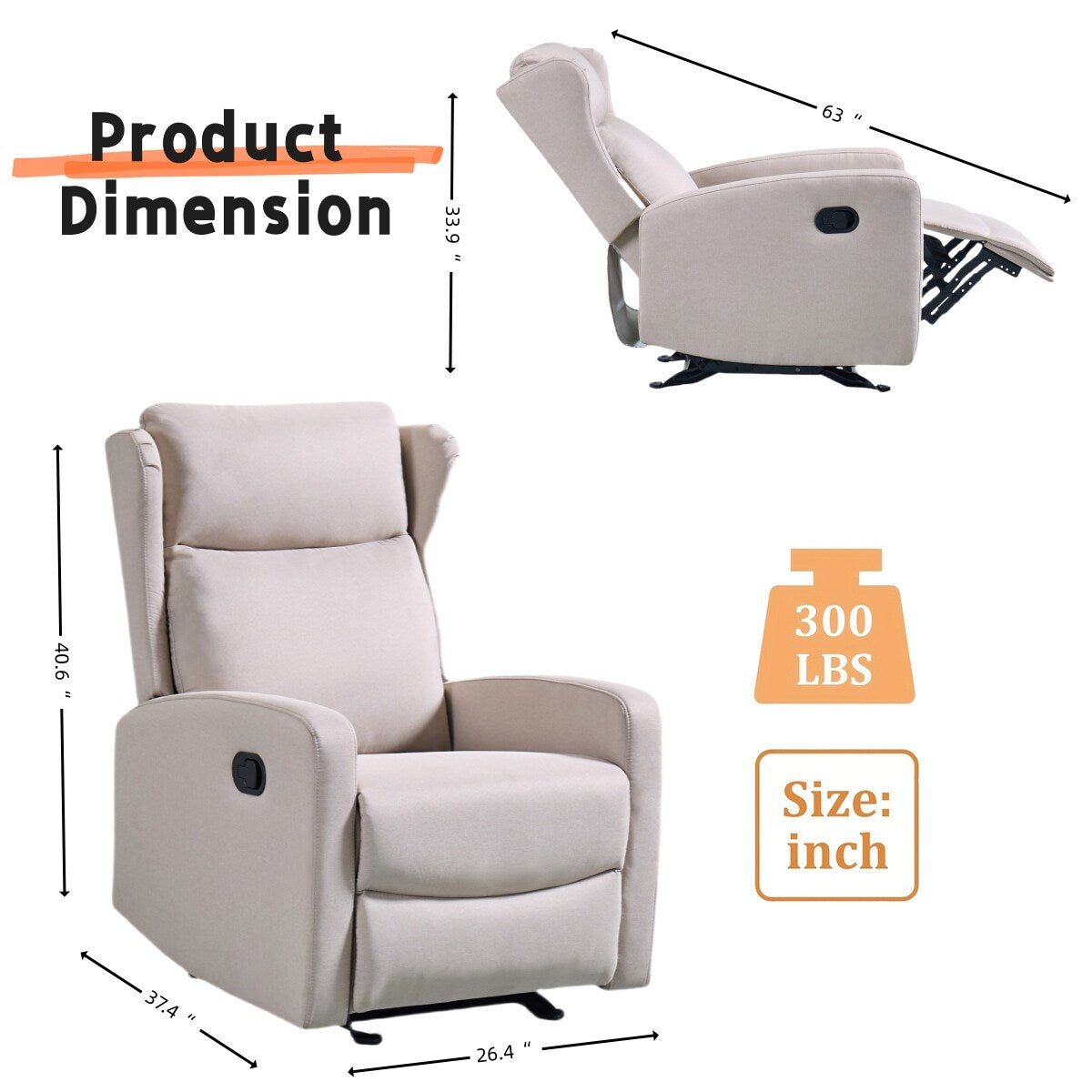 Fauteuil inclinable à bascule réglable (90°-165°) avec revêtement en lin