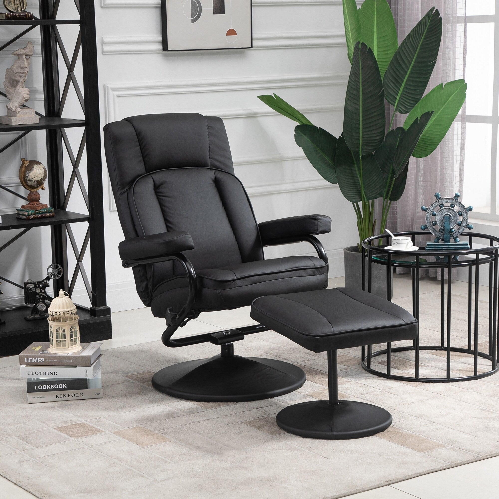 Fauteuil inclinable manuel pivotant réglable en similicuir avec repose-pieds pour salon, bureau ou chambre