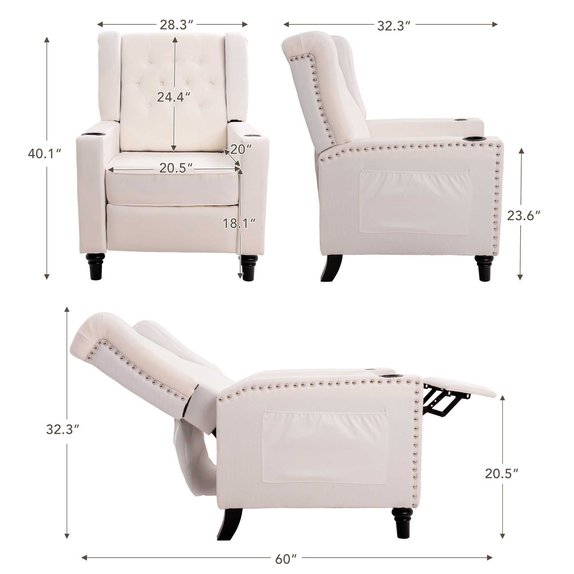 Fauteuil inclinable à dossier réglable, fauteuil clouté, grand canapé rembourré