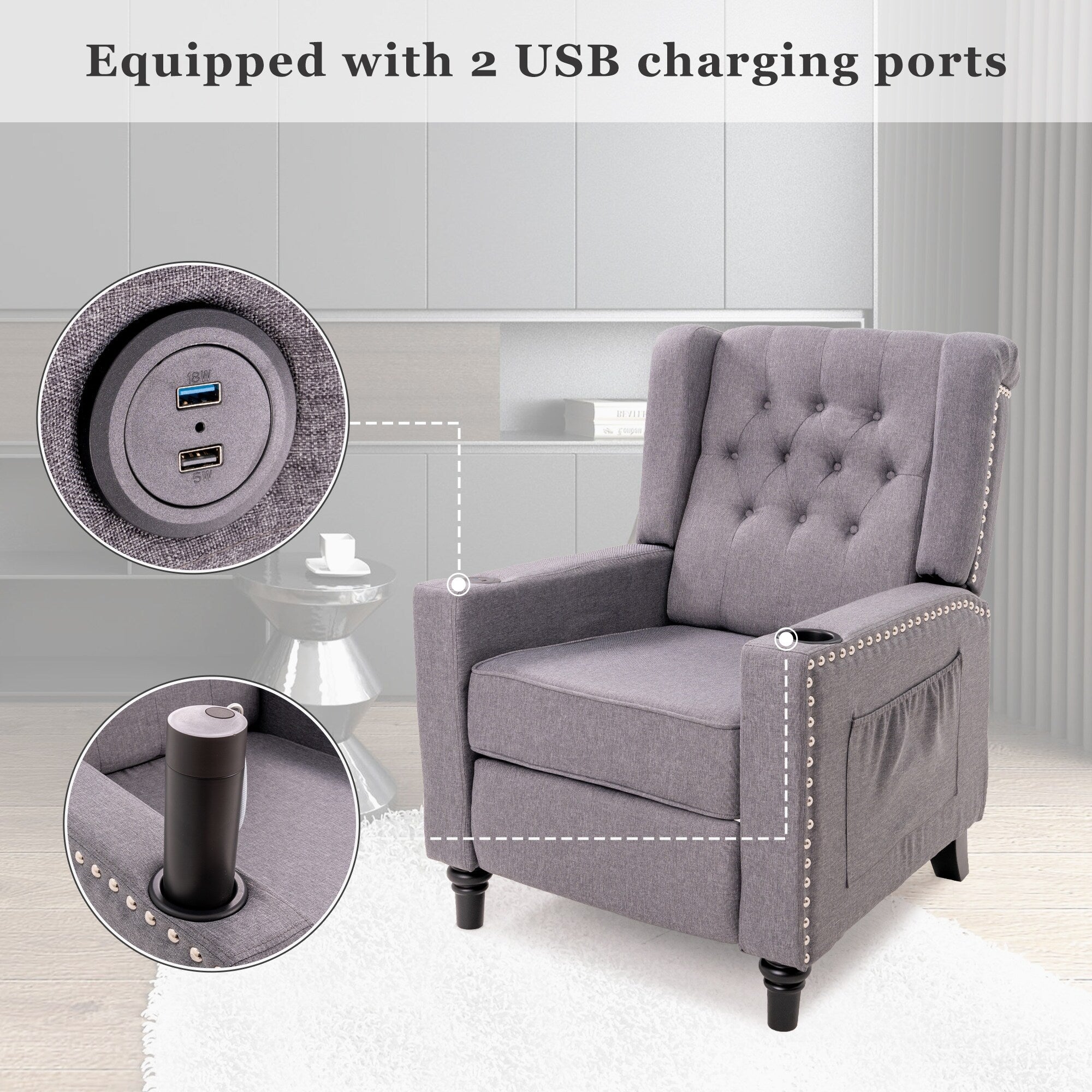 Fauteuil inclinable à dossier réglable, fauteuil clouté, grand canapé rembourré