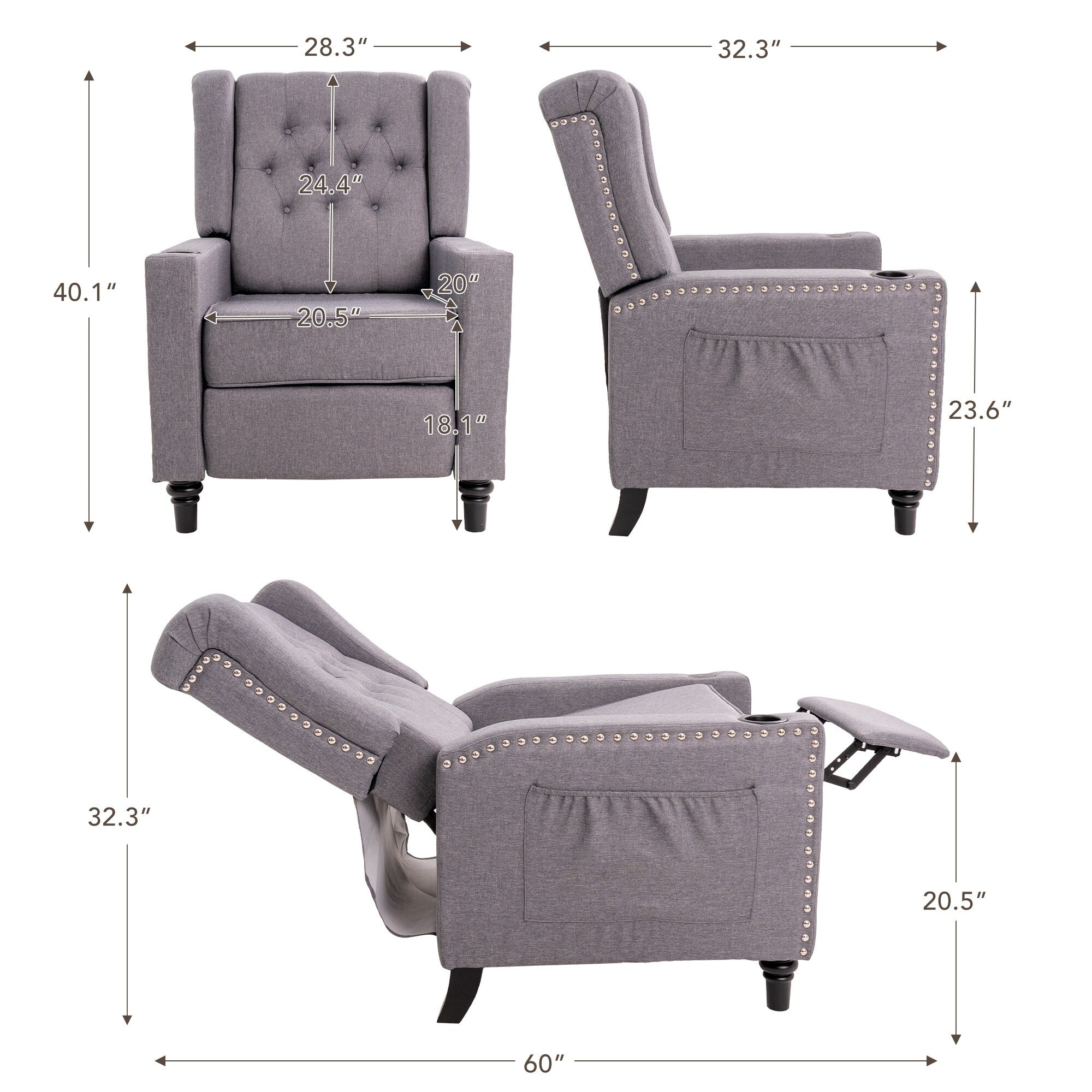 Fauteuil inclinable à dossier réglable, fauteuil clouté, grand canapé rembourré