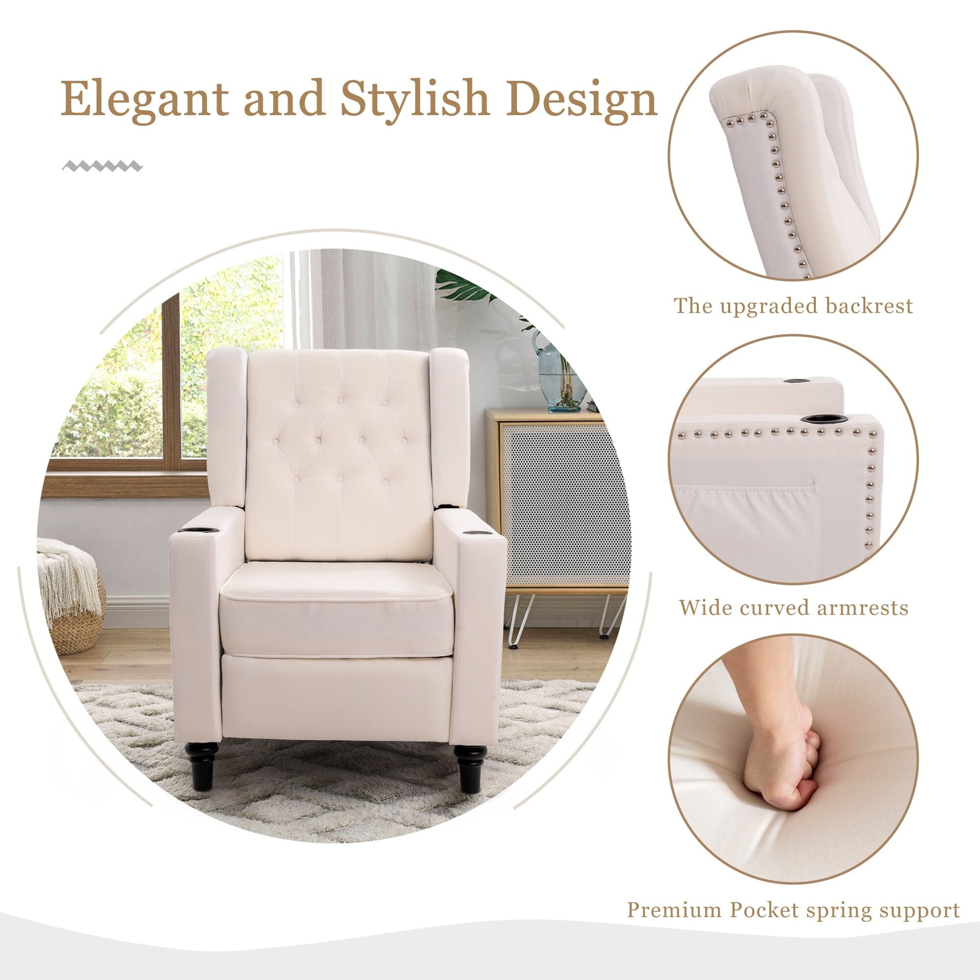 Fauteuil inclinable à dossier réglable, fauteuil clouté, grand canapé rembourré