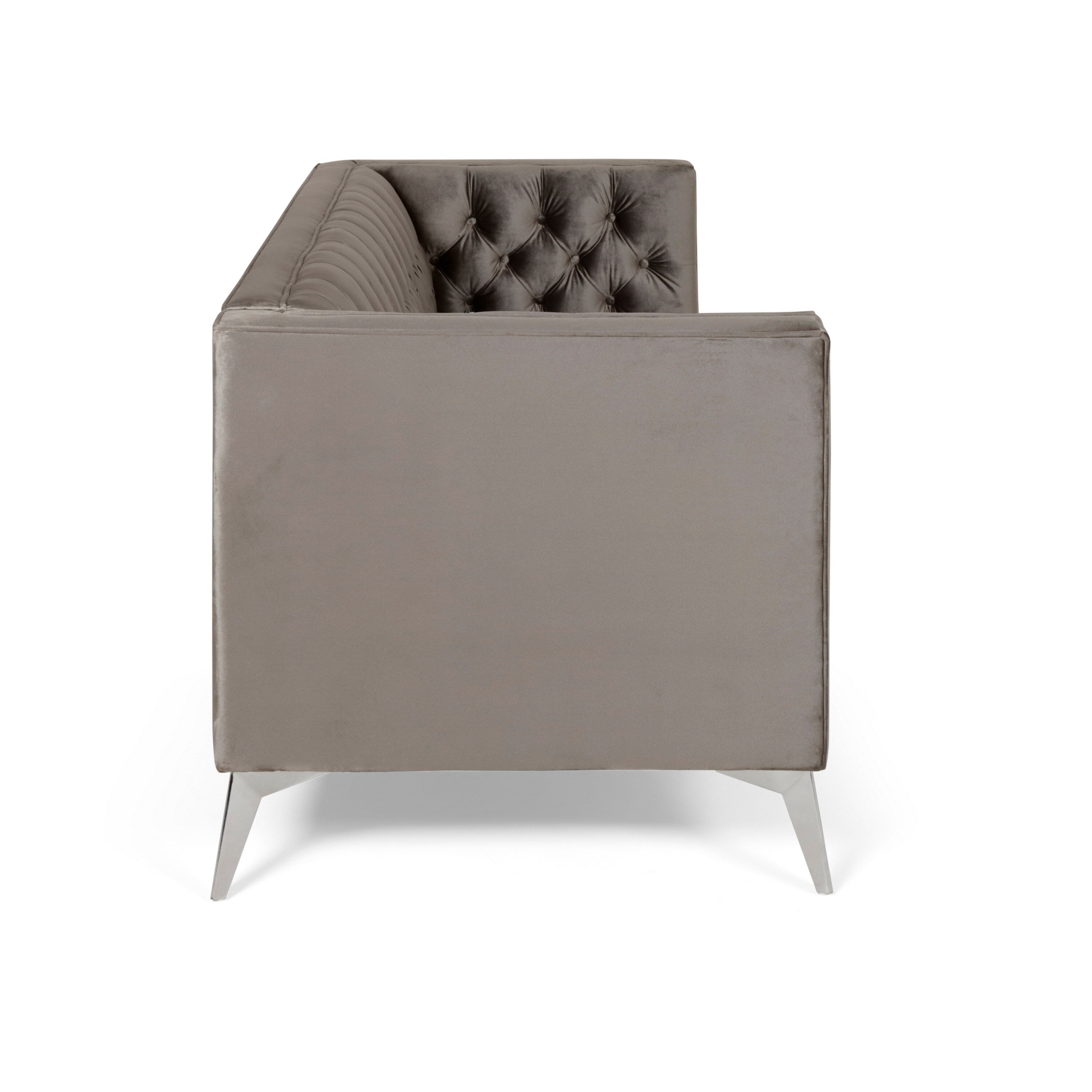 Canapé Aeny 87 pouces, 3 places, tissu gris capitonné, pieds chromés inclinés