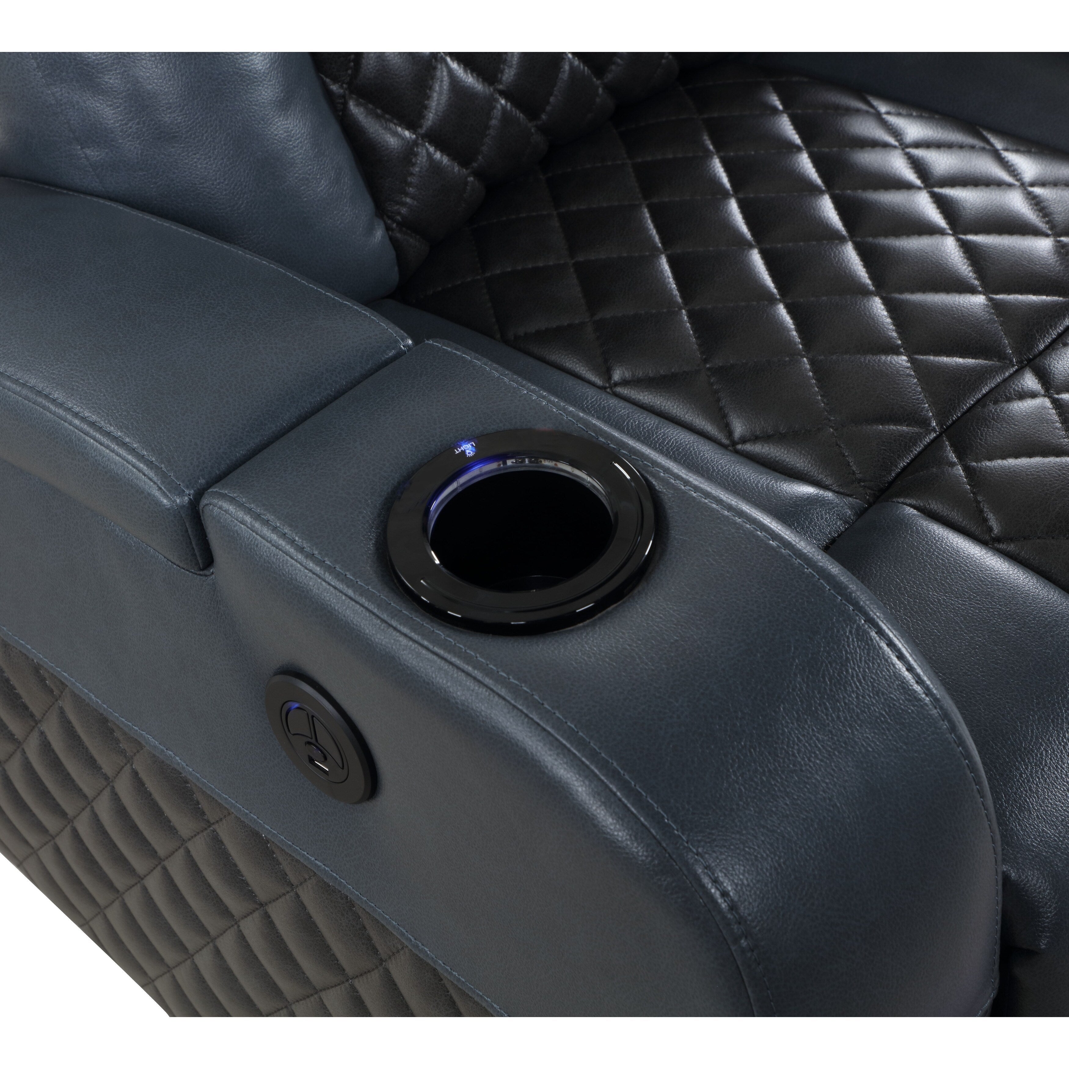 Fauteuil inclinable électrique Alair en cuir bleu et noir avec Bluetooth, chargeur sans fil et porte-gobelet