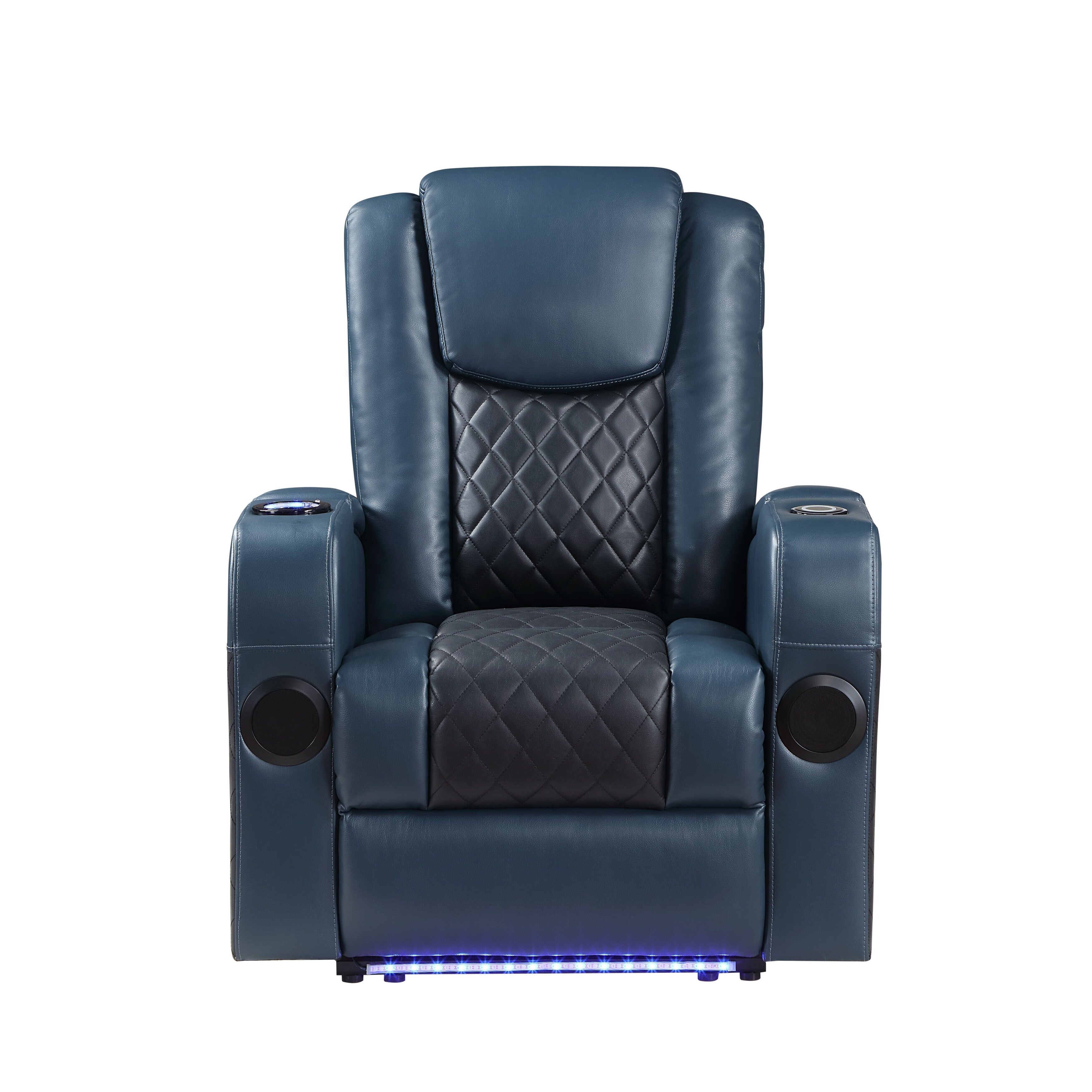 Fauteuil inclinable électrique Alair en cuir bleu et noir avec Bluetooth, chargeur sans fil et porte-gobelet