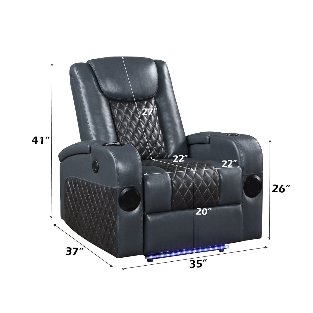 Fauteuil inclinable électrique Alair en cuir bleu et noir avec Bluetooth, chargeur sans fil et porte-gobelet