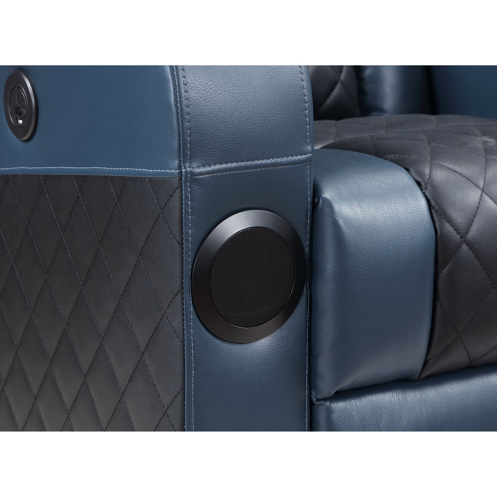 Fauteuil inclinable électrique Alair en cuir bleu et noir avec Bluetooth, chargeur sans fil et porte-gobelet