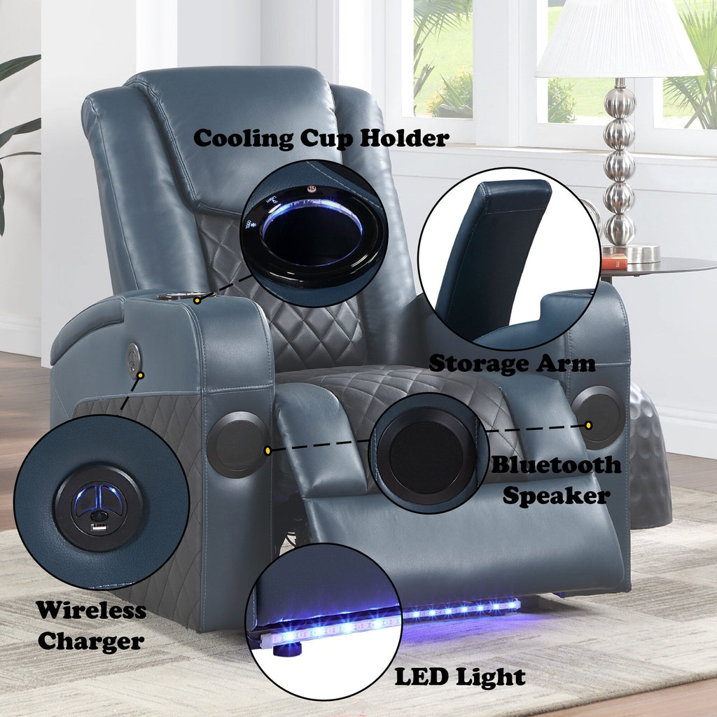 Fauteuil inclinable électrique Alair en cuir bleu et noir avec Bluetooth, chargeur sans fil et porte-gobelet