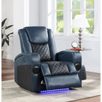 Fauteuil inclinable électrique Alair en cuir bleu et noir avec Bluetooth, chargeur sans fil et porte-gobelet