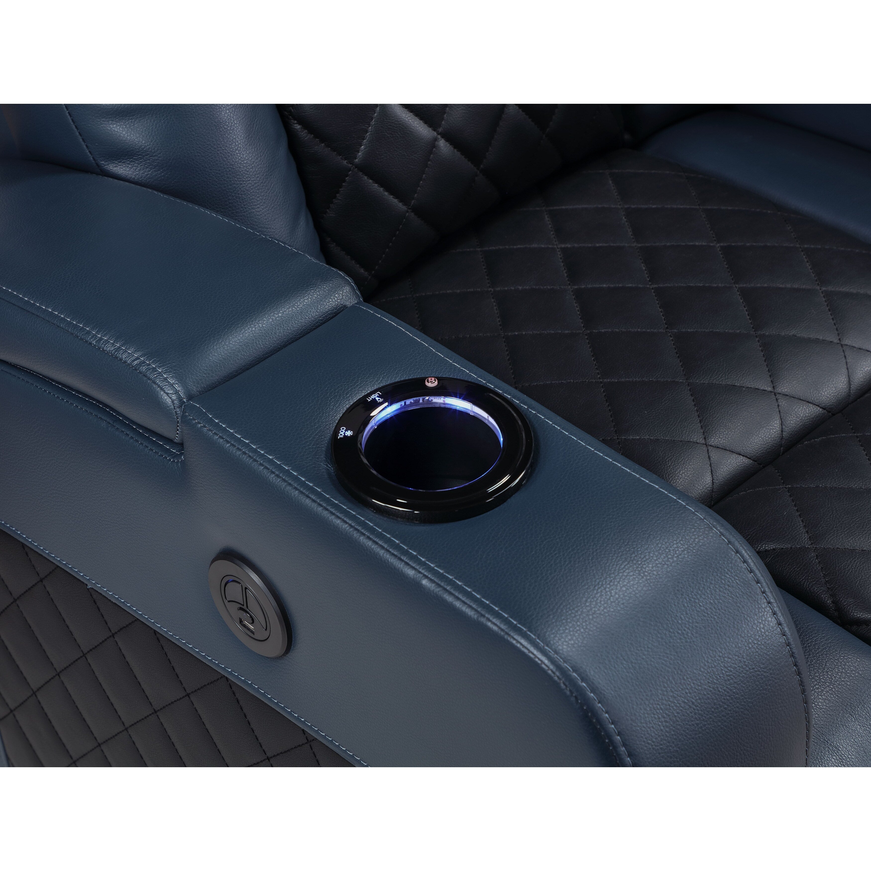 Fauteuil inclinable électrique Alair en cuir bleu et noir avec Bluetooth, chargeur sans fil et porte-gobelet