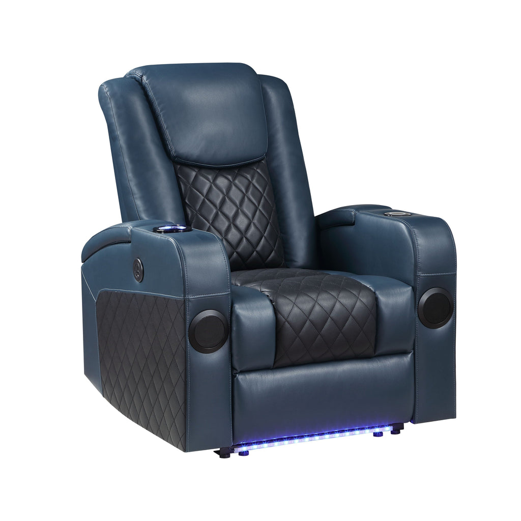 Fauteuil inclinable électrique Alair en cuir bleu et noir avec Bluetooth, chargeur sans fil et porte-gobelet