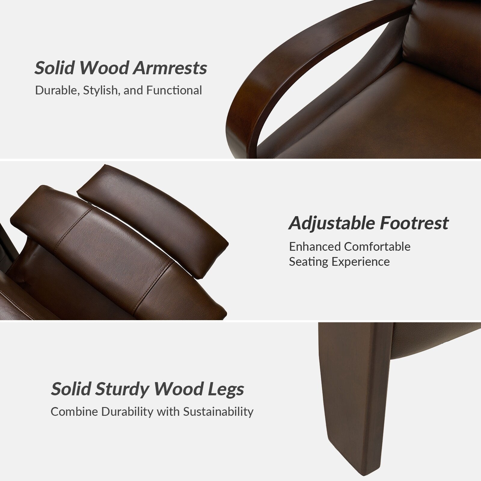 Fauteuil inclinable manuel Alex Mid-Century Modern en cuir véritable avec accoudoirs incurvés en bois, lot de 2