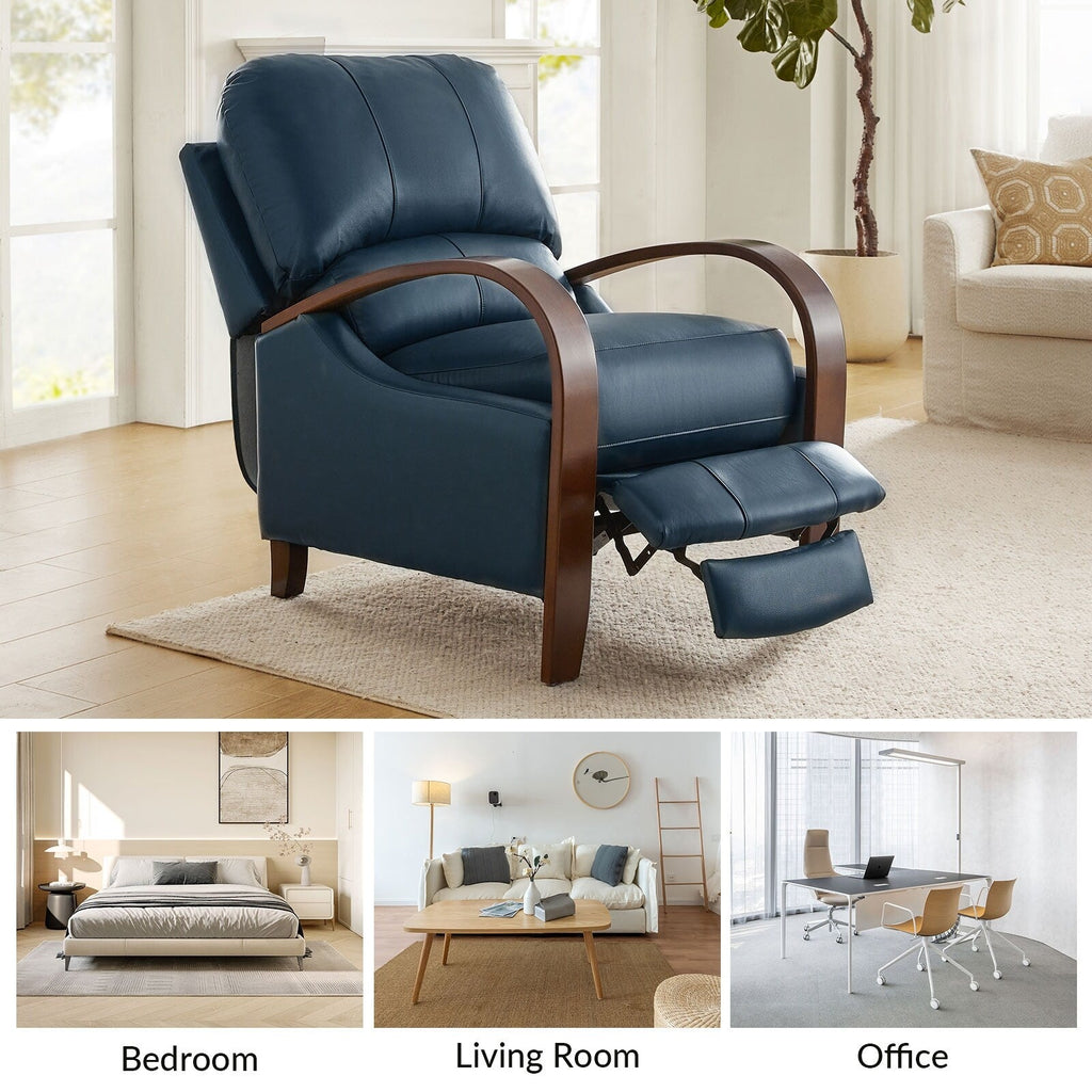 Fauteuil inclinable manuel Alex Mid-Century Modern en cuir véritable avec accoudoirs incurvés en bois, lot de 2