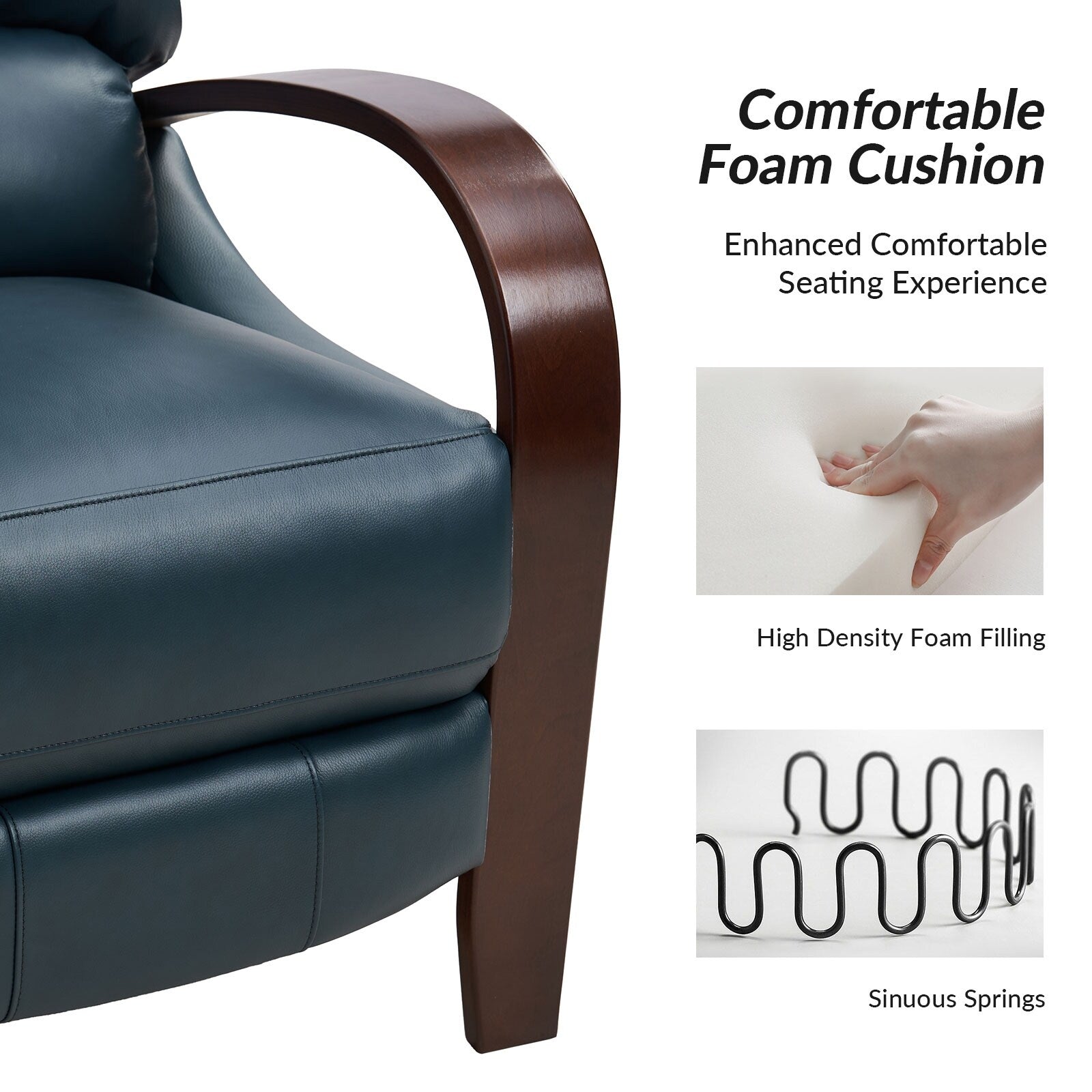 Fauteuil inclinable manuel Alex Mid-Century Modern en cuir véritable avec accoudoirs incurvés en bois, lot de 2