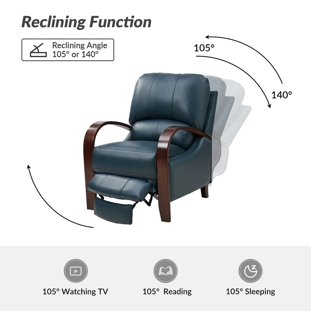 Fauteuil inclinable manuel Alex Mid-Century Modern en cuir véritable avec accoudoirs incurvés en bois, lot de 2