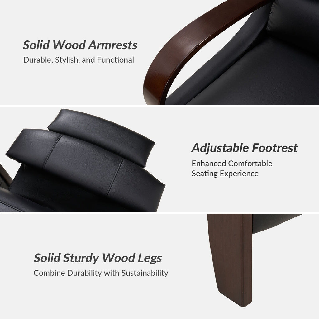 Fauteuil inclinable manuel Alex Mid-Century Modern en cuir véritable avec accoudoirs incurvés en bois, lot de 2