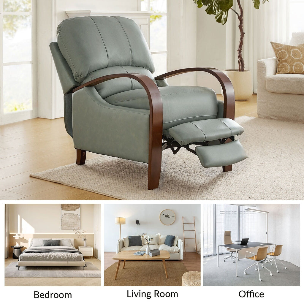 Fauteuil inclinable manuel Alex Mid-Century Modern en cuir véritable avec accoudoirs incurvés en bois, lot de 2