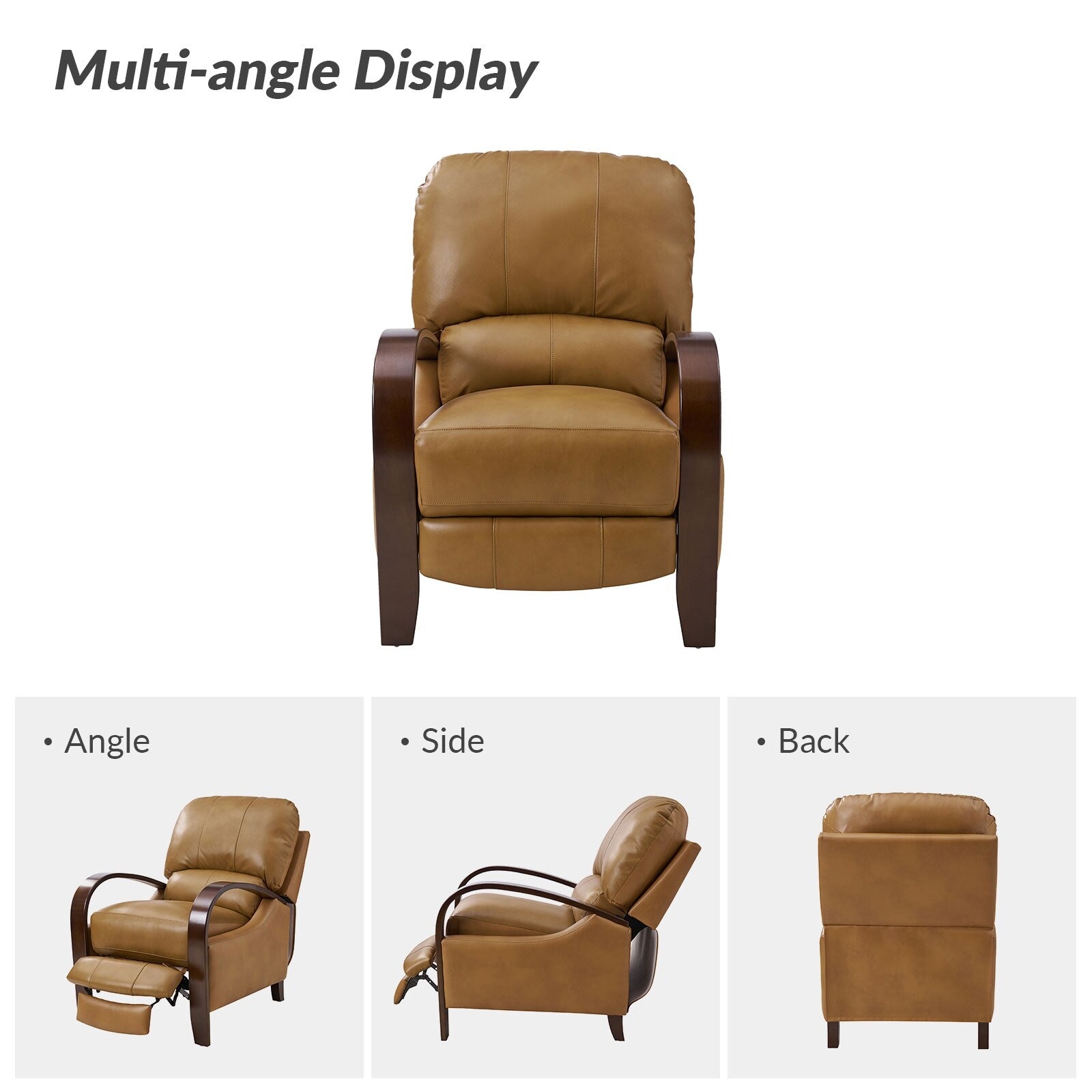 Fauteuil inclinable manuel Alex Mid-Century Modern en cuir véritable avec accoudoirs incurvés en bois, lot de 2