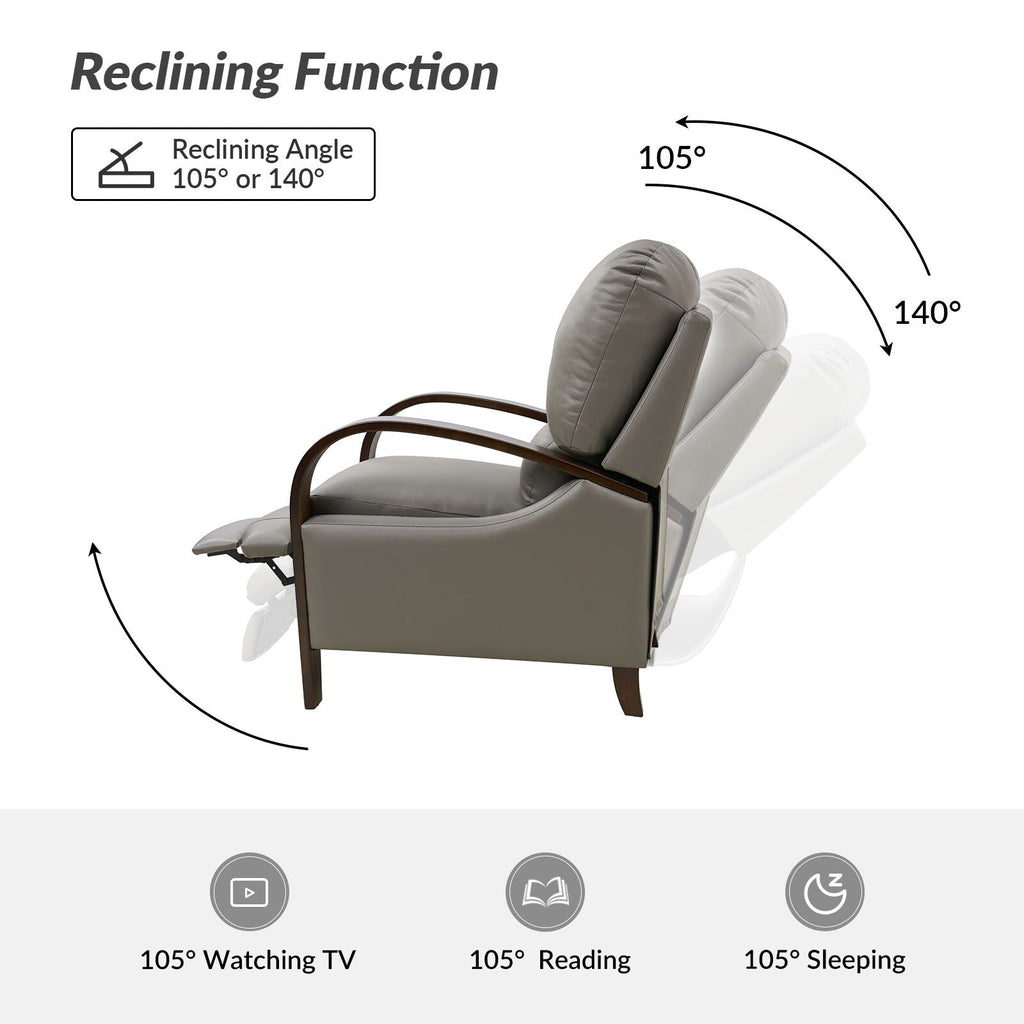 Fauteuil inclinable manuel Alex Mid-Century Modern en cuir véritable avec accoudoirs incurvés en bois, lot de 2