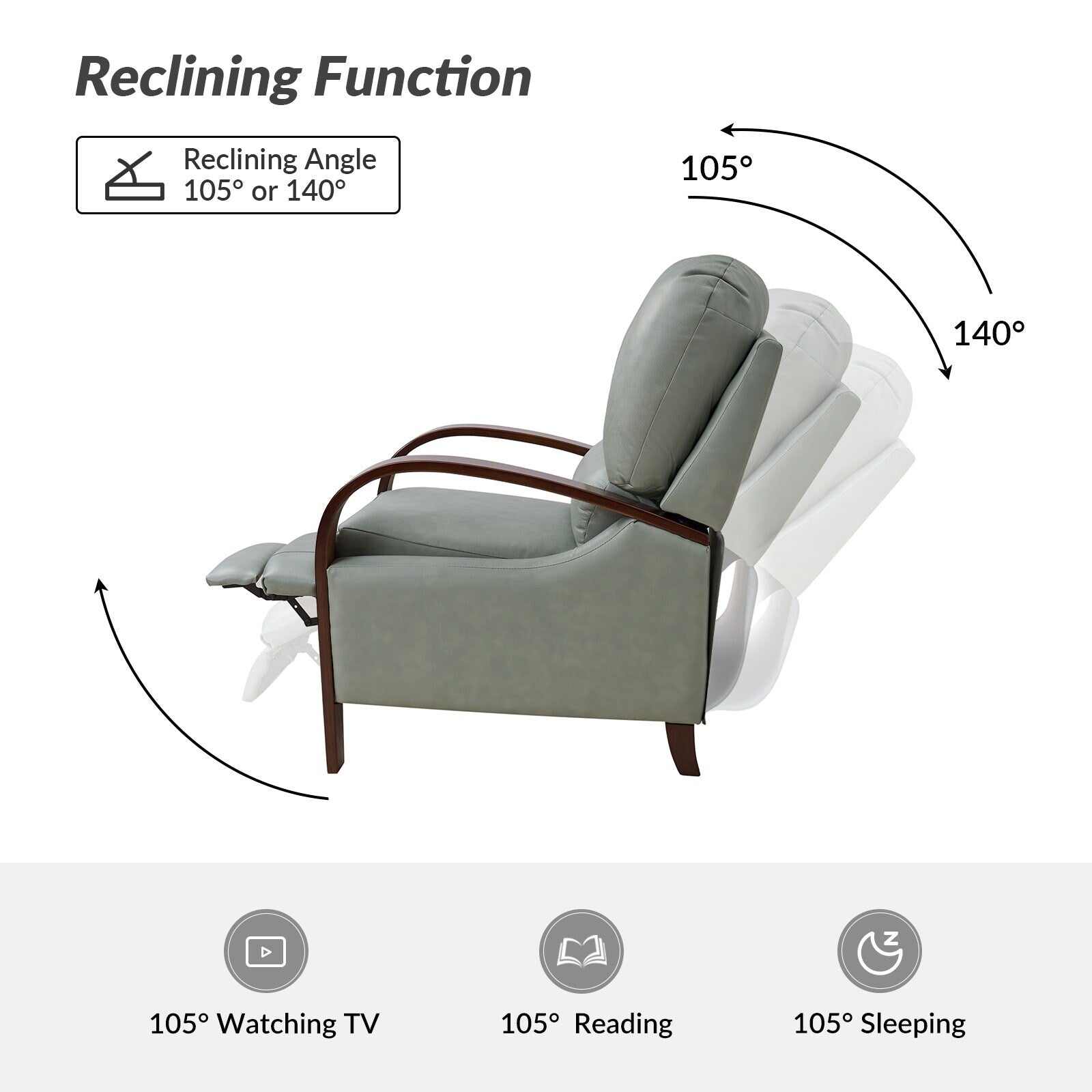 Fauteuil inclinable manuel Alex Mid-Century Modern en cuir véritable avec accoudoirs incurvés en bois, lot de 2