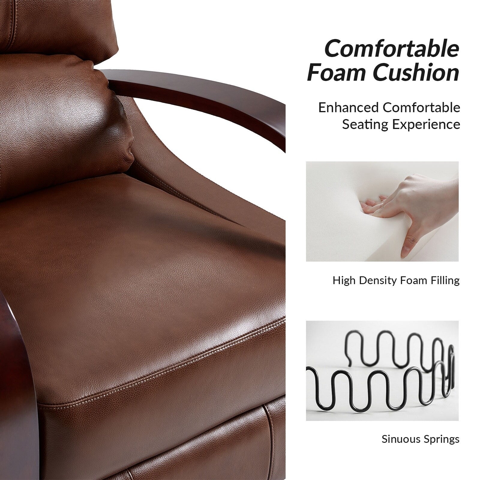 Fauteuil inclinable manuel Alex Mid-Century Modern en cuir véritable avec accoudoirs incurvés en bois, lot de 2