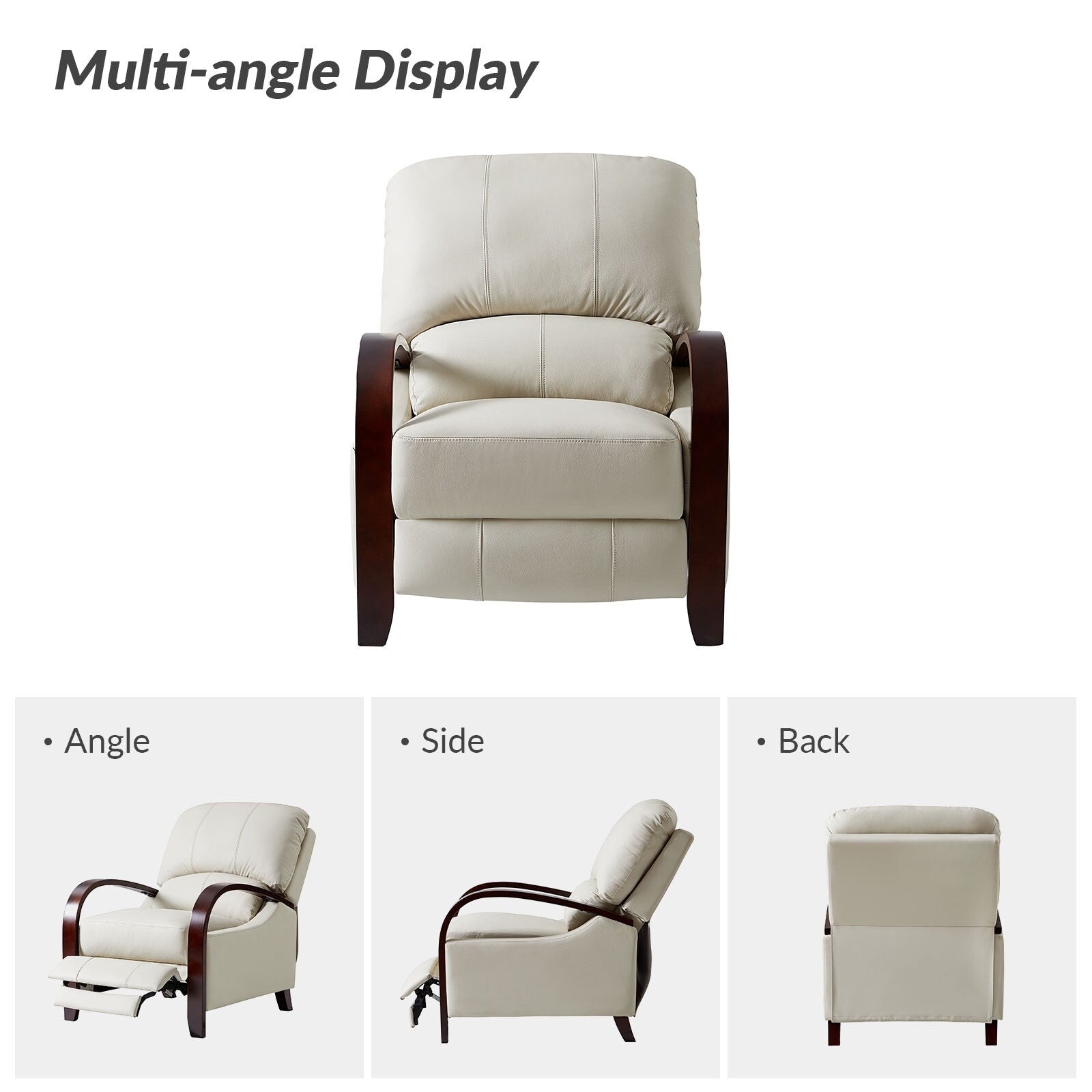 Fauteuil inclinable manuel Alex Mid-Century Modern en cuir véritable avec accoudoirs incurvés en bois, lot de 2