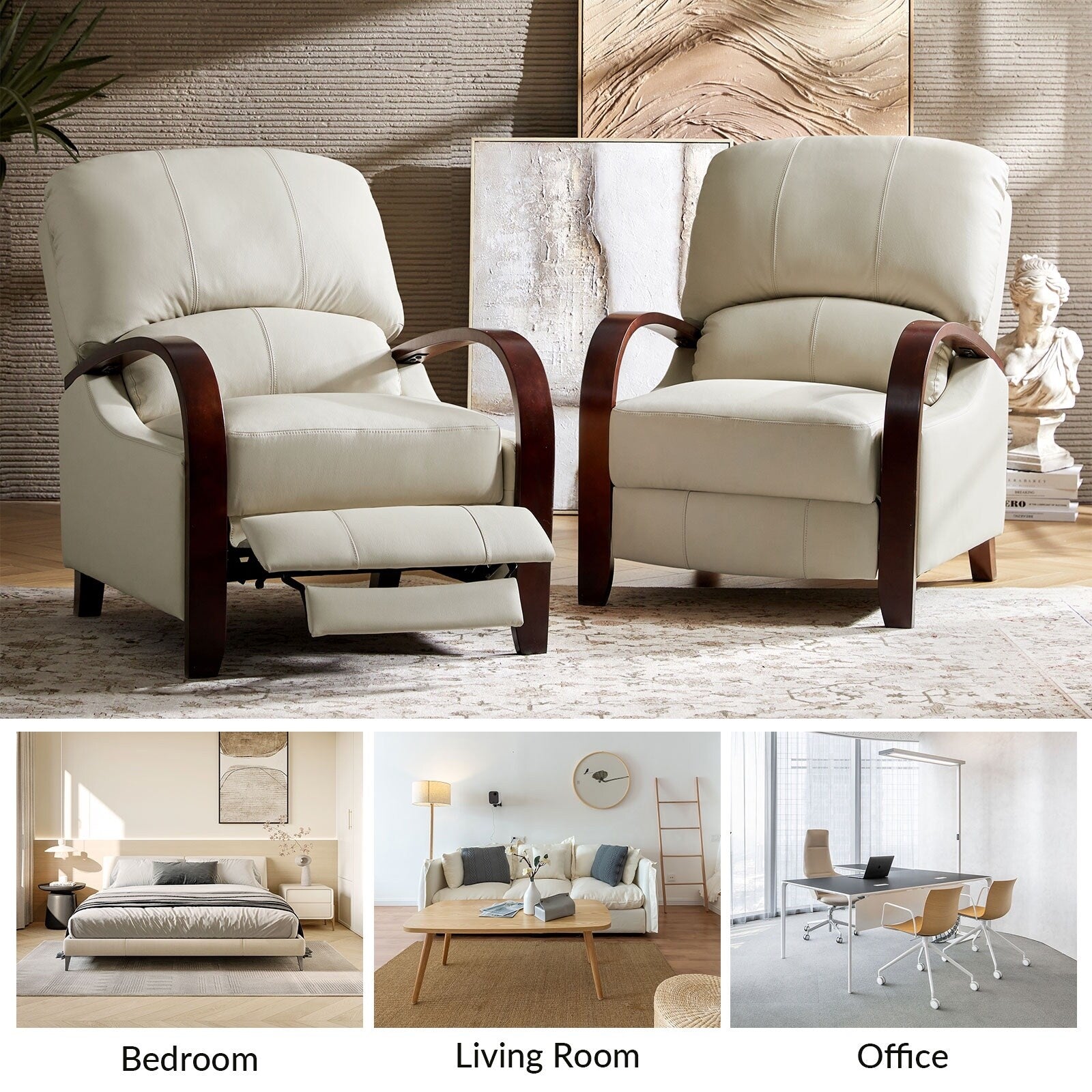 Fauteuil inclinable manuel Alex Mid-Century Modern en cuir véritable avec accoudoirs incurvés en bois, lot de 2