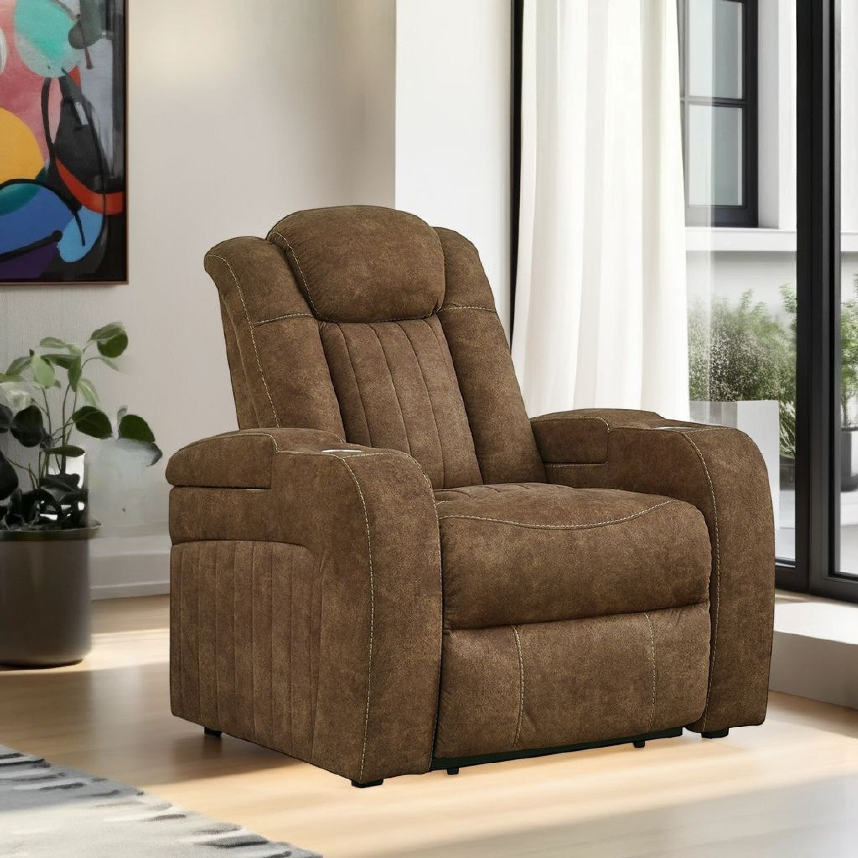 Fauteuil inclinable électrique Alexy, porte-gobelet, port USB, similicuir marron
