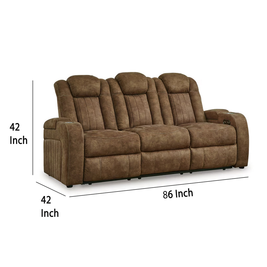 Canapé inclinable électrique Alexy, USB, rangement, similicuir marron 86 pouces