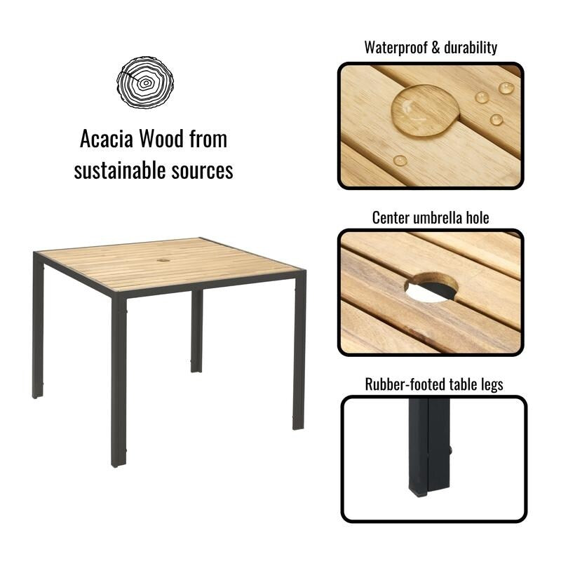 Ensemble de salle à manger de patio toutes saisons 5 pièces, plateau en bois d'acacia avec trou pour parasol, ensemble de conversation d'extérieur en rotin