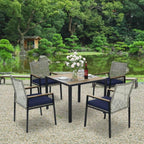 Ensemble de salle à manger de patio toutes saisons 5 pièces, plateau en bois d'acacia avec trou pour parasol, ensemble de conversation d'extérieur en rotin
