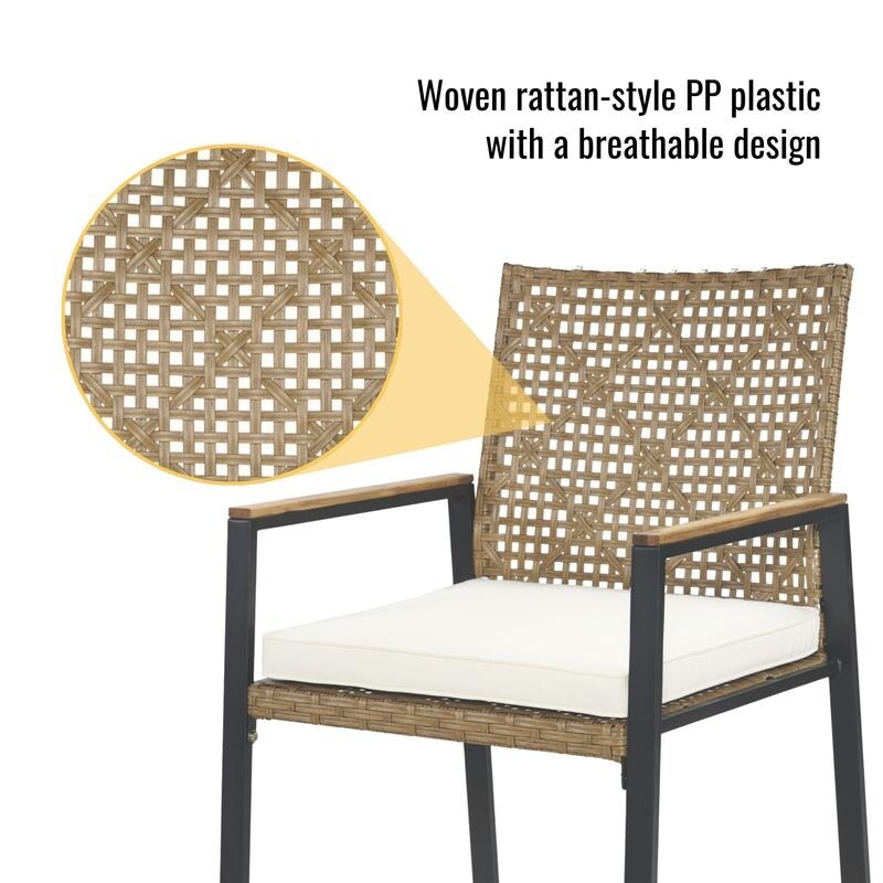 Ensemble de salle à manger de patio toutes saisons 5 pièces, plateau en bois d'acacia avec trou pour parasol, ensemble de conversation d'extérieur en rotin