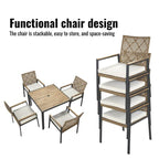 Ensemble de salle à manger de patio toutes saisons 5 pièces, plateau en bois d'acacia avec trou pour parasol, ensemble de conversation d'extérieur en rotin