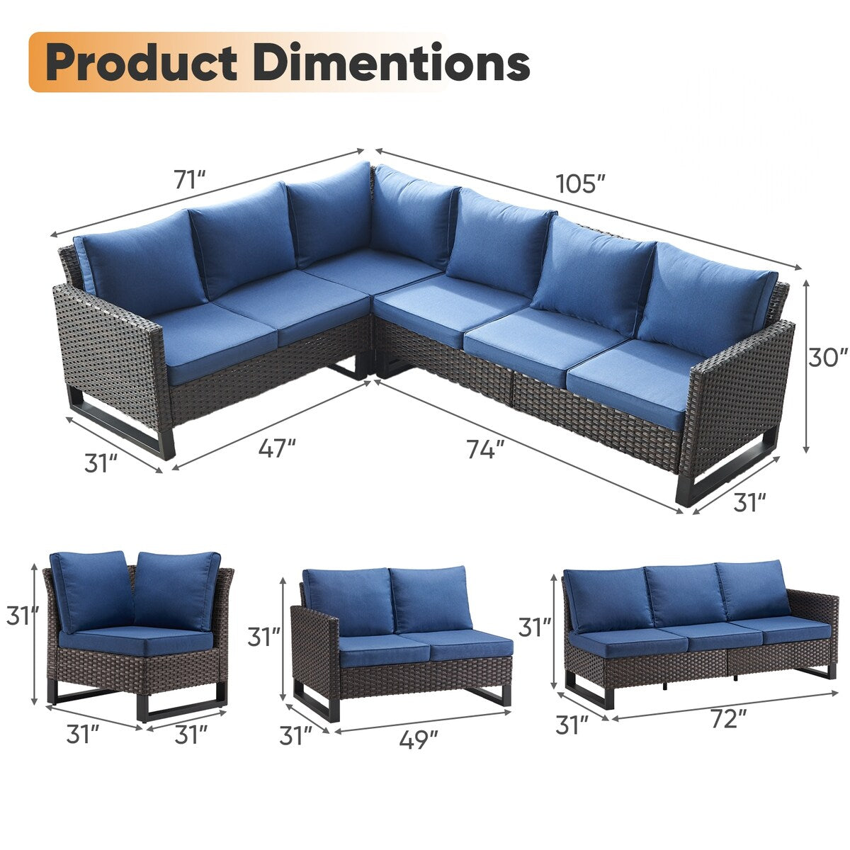 Ensemble de canapé sectionnel en rotin toutes saisons avec coussin