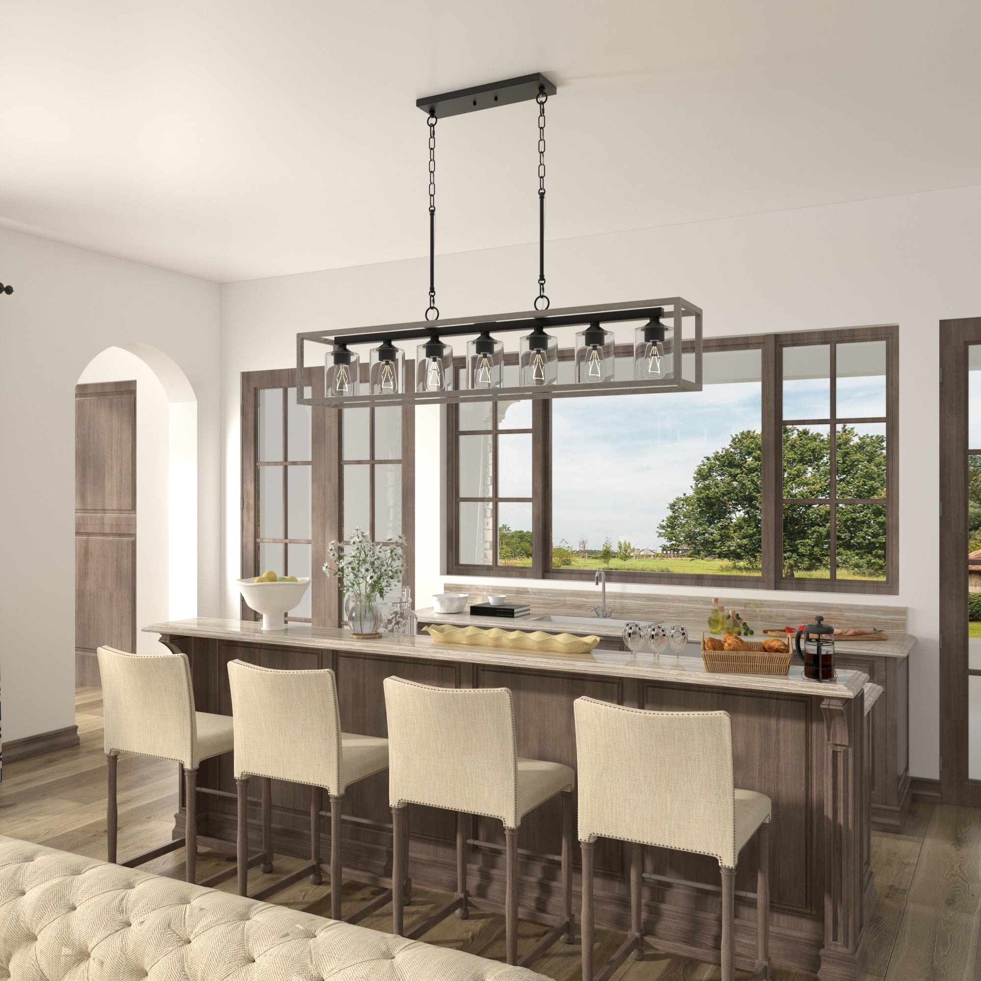 Lustre linéaire rectangulaire Allegray Farmhouse de 52 po à 7 lumières pour îlot de cuisine