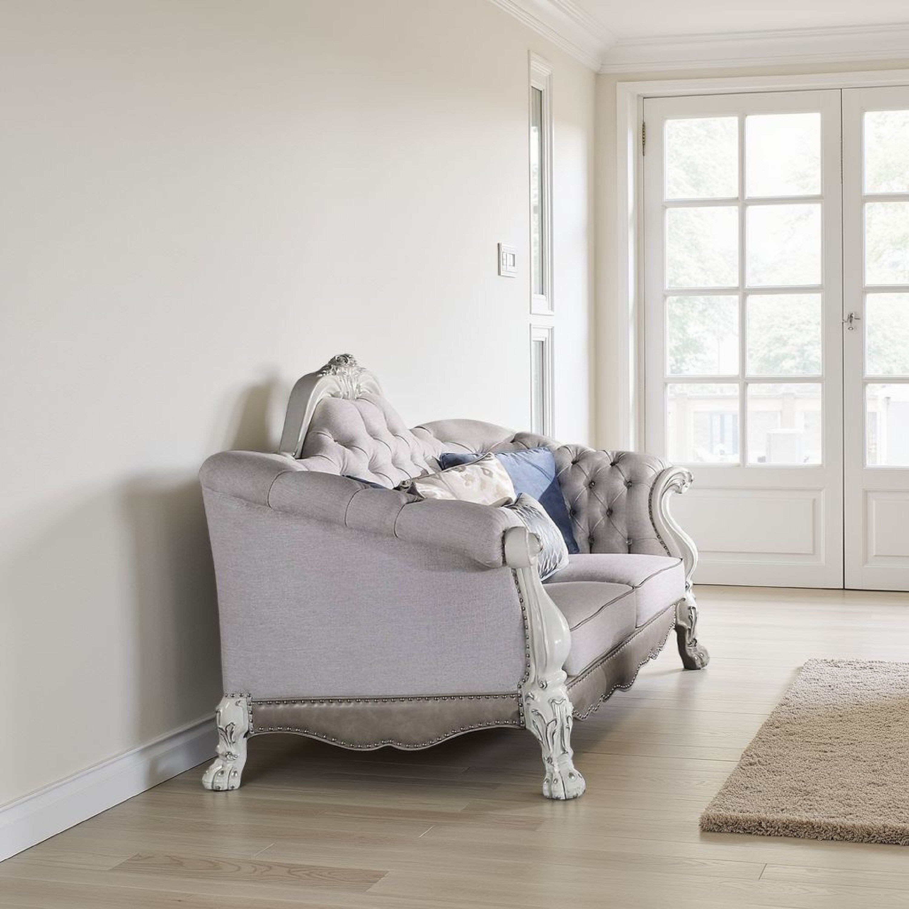 Canapé Ally, 7 coussins décoratifs, similicuir blanc os classique, 96 pouces