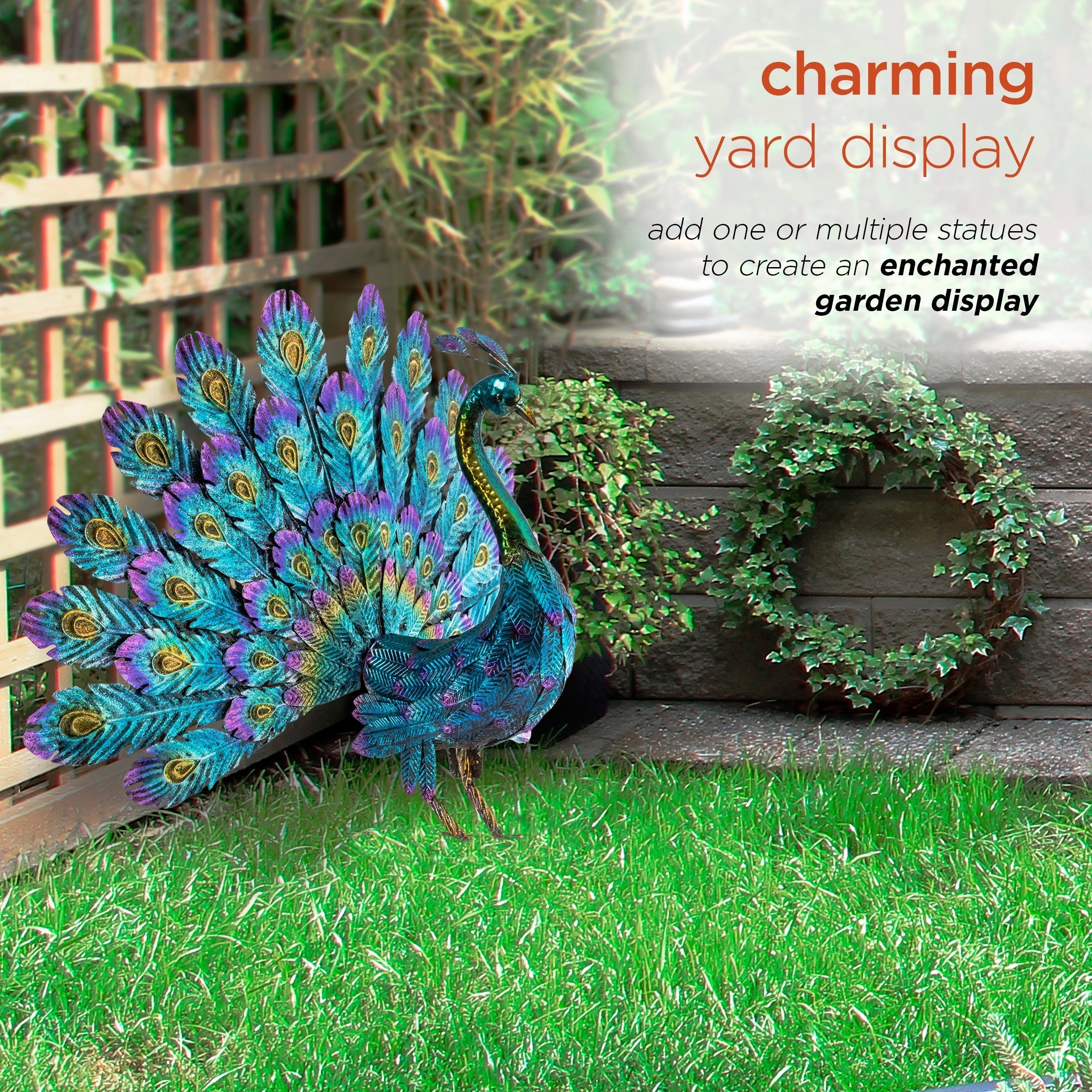 Statue de paon métallique d'extérieur de grande taille, multicolore, pour décoration de jardin