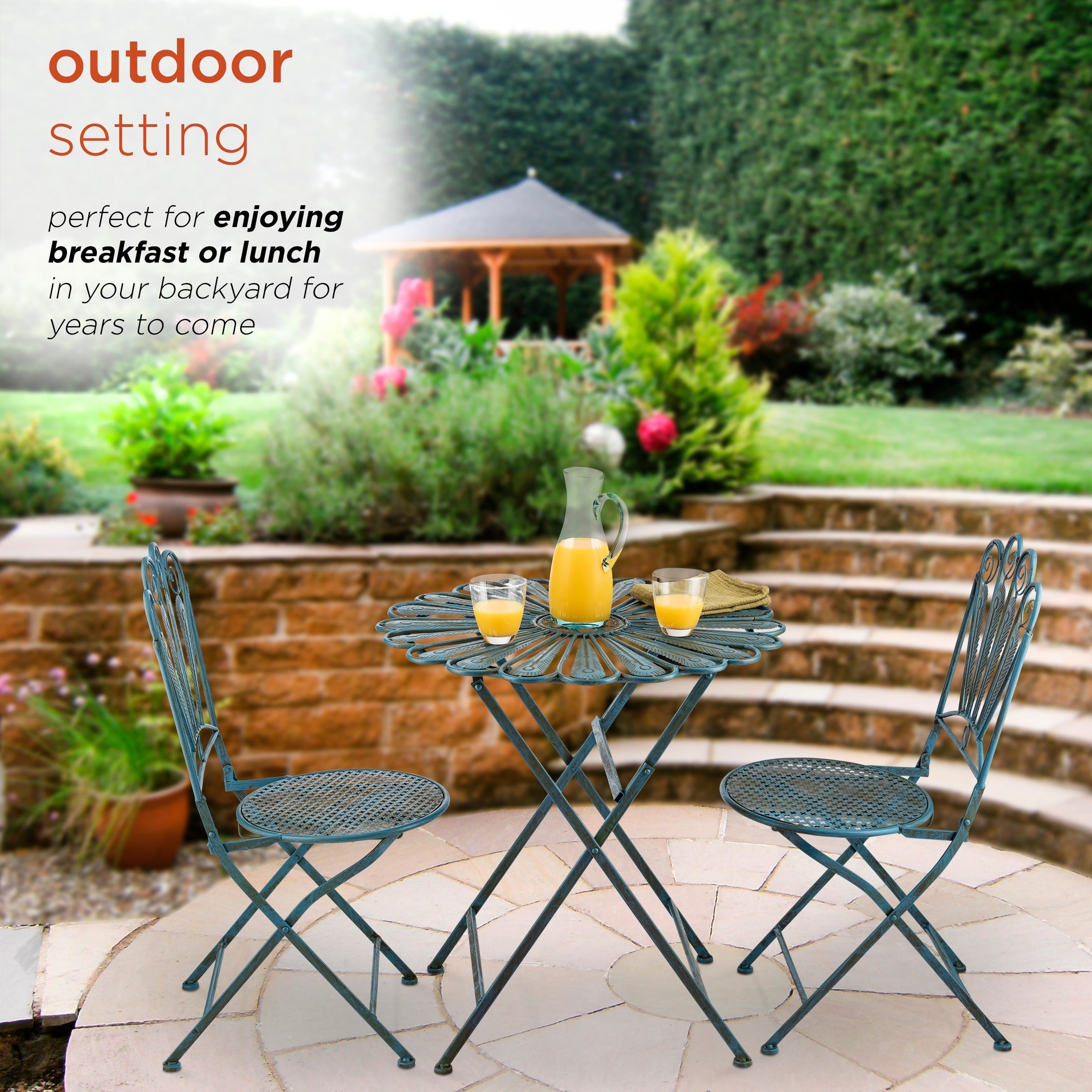 Ensemble bistrot rustique en métal 3 pièces, intérieur/extérieur, motif plumes de paon, bleu clair, Alpine Corporation