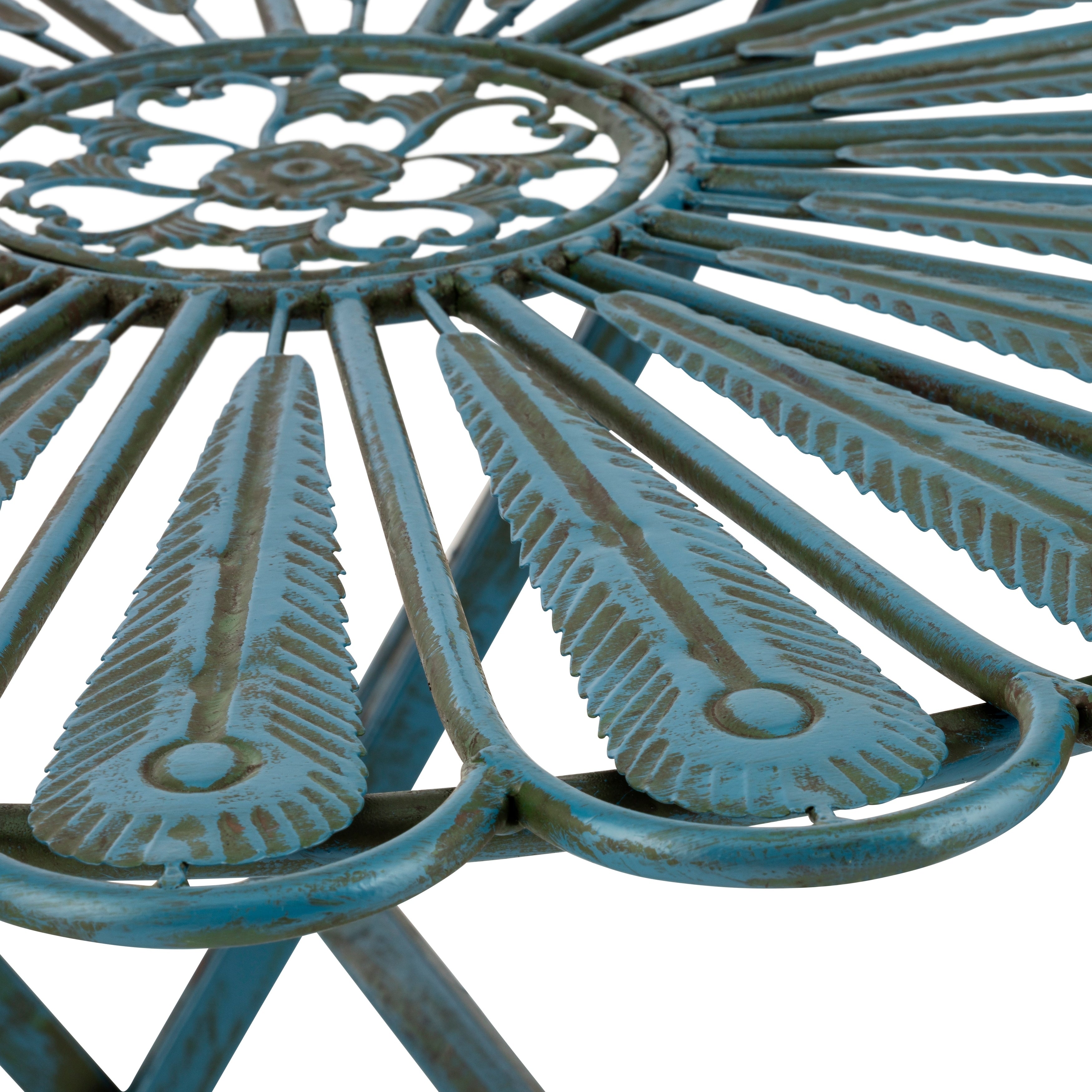 Ensemble bistrot rustique en métal 3 pièces, intérieur/extérieur, motif plumes de paon, bleu clair, Alpine Corporation