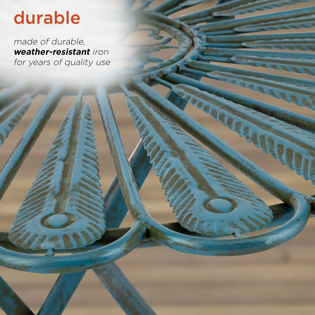 Ensemble bistrot rustique en métal 3 pièces, intérieur/extérieur, motif plumes de paon, bleu clair, Alpine Corporation