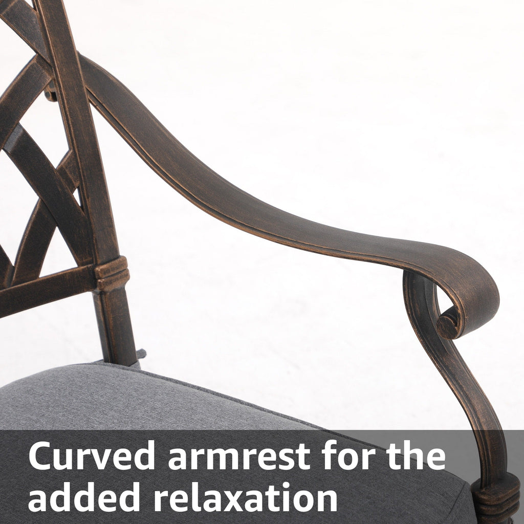 Ensemble de salle à manger d'extérieur en aluminium moulé sous pression, 7 pièces, couleur bronze antique, avec coussins et trou pour parasol