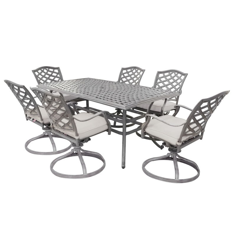 Ensemble de salle à manger rectangulaire en aluminium 7 pièces avec 6 chaises pivotantes à bascule