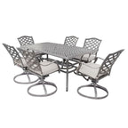 Ensemble de salle à manger rectangulaire en aluminium 7 pièces avec 6 chaises pivotantes à bascule