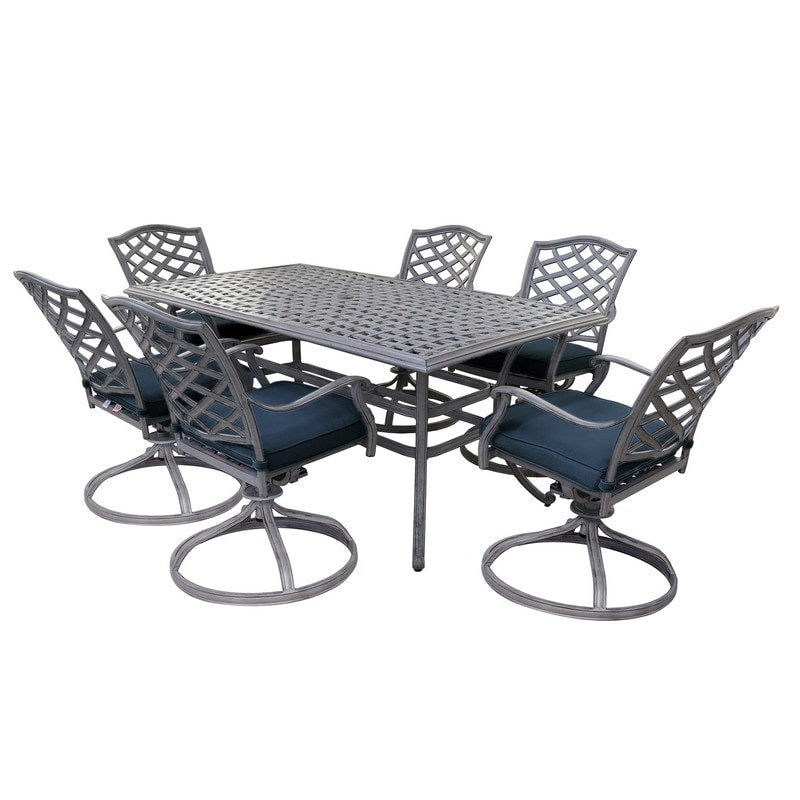 Ensemble de salle à manger rectangulaire en aluminium 7 pièces avec 6 chaises pivotantes à bascule