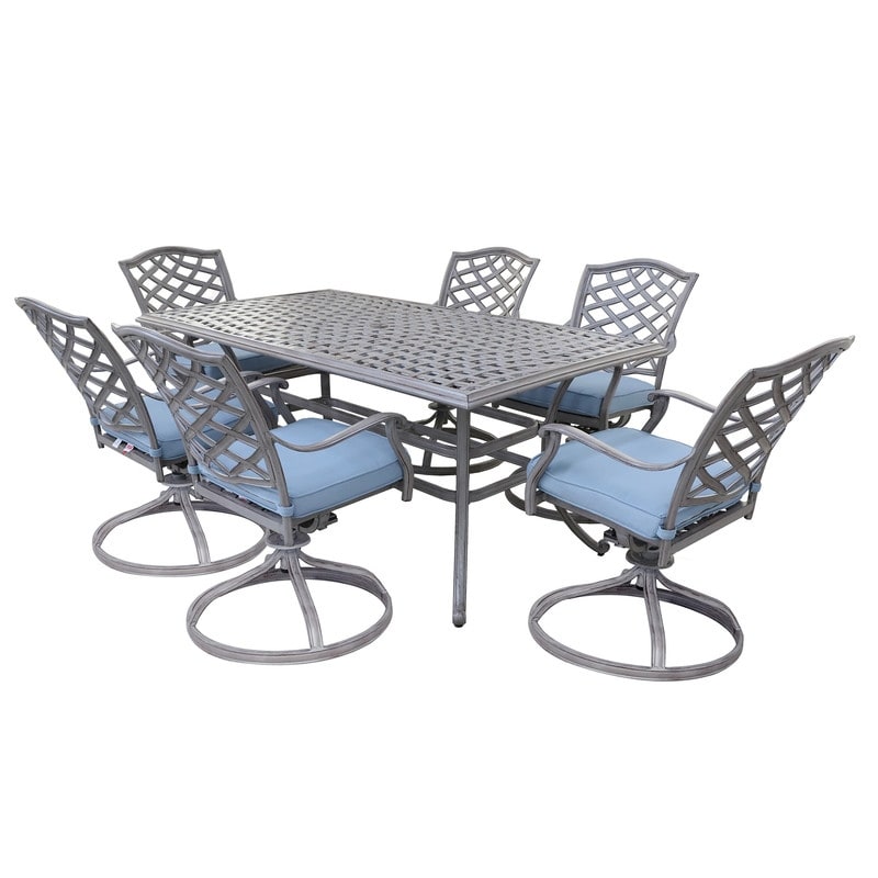 Ensemble de salle à manger rectangulaire en aluminium 7 pièces avec 6 chaises pivotantes à bascule