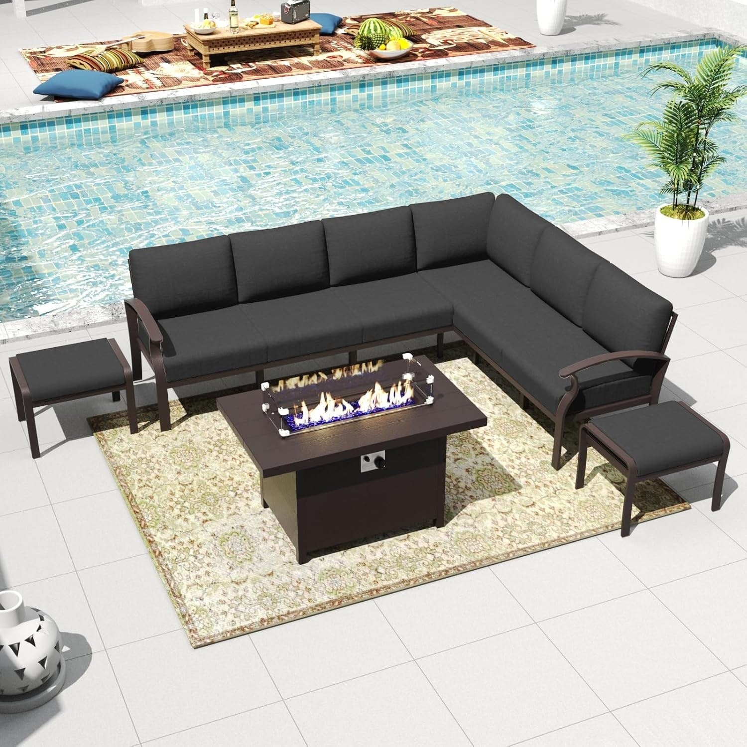 Ensemble de canapés d'angle en aluminium, ensemble de canapés d'extérieur pour patio avec accoudoirs et repose-pieds