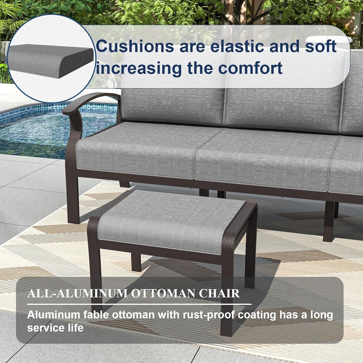 Ensemble de canapés d'angle en aluminium, ensemble de canapés d'extérieur pour patio avec accoudoirs et repose-pieds