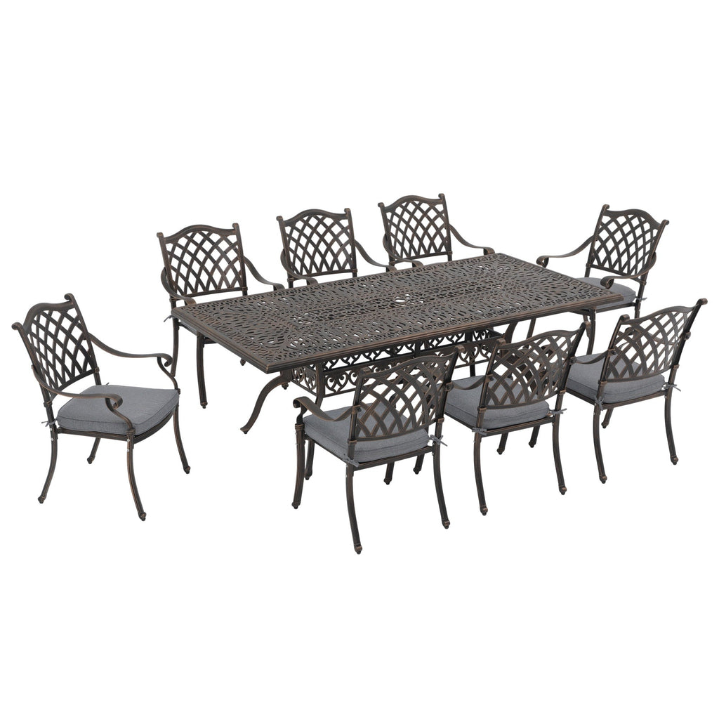 Ensemble de salle à manger rectangulaire d'extérieur en aluminium 9 pièces avec coussins et trou pour parasol