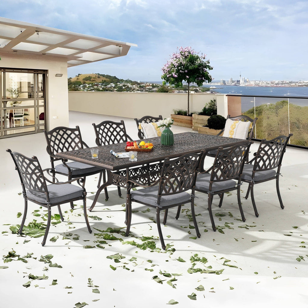 Ensemble de salle à manger rectangulaire d'extérieur en aluminium 9 pièces avec coussins et trou pour parasol