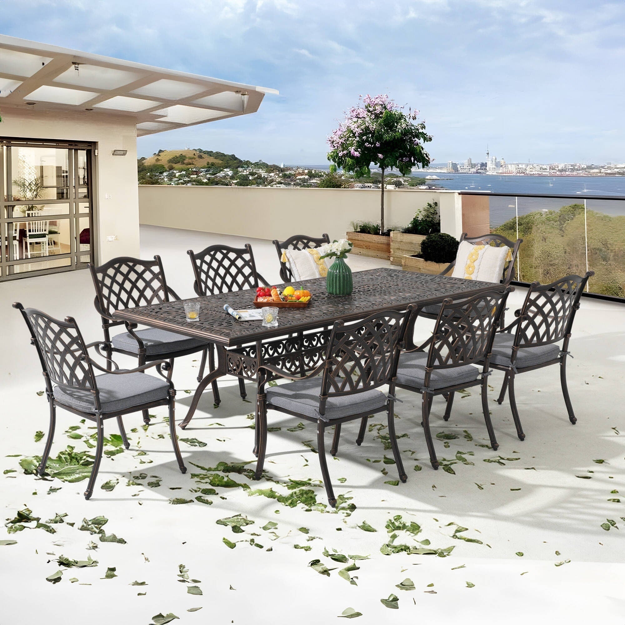 Ensemble de salle à manger rectangulaire d'extérieur en aluminium 9 pièces avec coussins et trou pour parasol